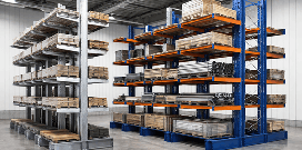 Two heavy-duty cantilever racks holding pallets in a warehouse facility