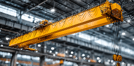 Overhead bridge crane system installed inside a large industrial warehouse for heavy lifting operations.