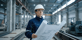 Engineer wearing a hard hat reviewing blueprints inside an industrial facility or manufacturing plant.