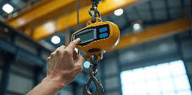 Worker adjusting a digital crane scale attached to a lifting hook inside an industrial warehouse.