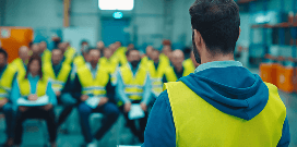 Trainer in a high-vis vest speaks to a seated safety-vested group.