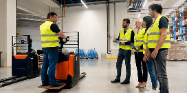 Group in safety vests confers beside a forklift in a warehouse.