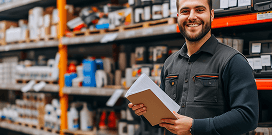 Warehouse employee holding paperwork while standing in front of stocked shelves, smiling in a distribution center aisle.