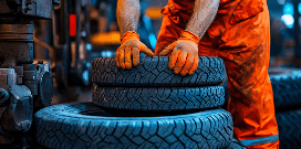 Worker using a lug wrench to change or tighten a forklift tire in a warehouse setting.