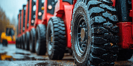 Row of forklifts parked side by side, highlighting heavy-duty tires in an industrial yard setting.