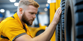 Technician inspecting a forklift tire in a warehouse, checking tread condition for safety and maintenance.