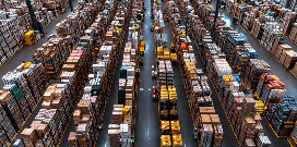 Aerial view of a large warehouse filled with tall shelving racks and pallets of boxed inventory arranged in long aisles.