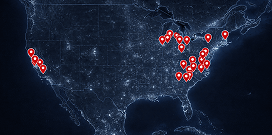 A blue map of the United States with locations marked with red pins